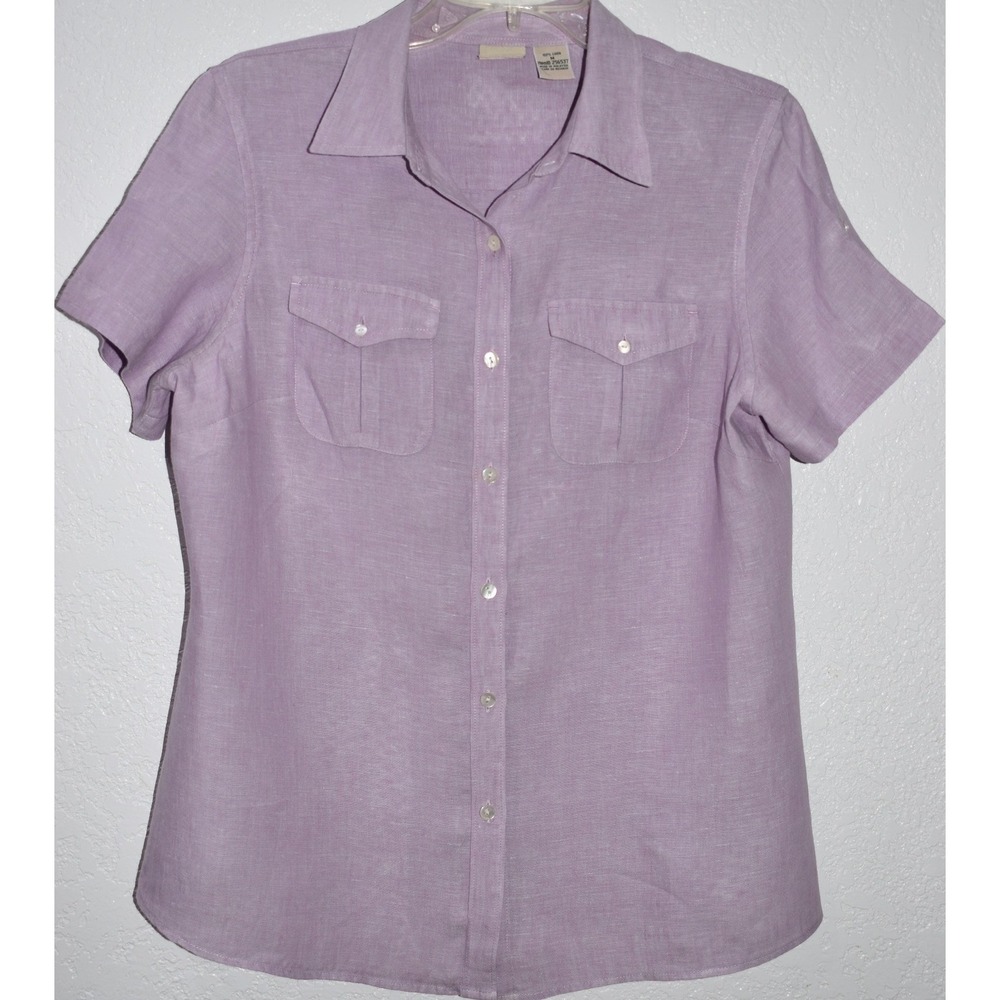 LL Bean Womens Medium Purple 100% Linen Short Sleeve Button Down Shirt 256537